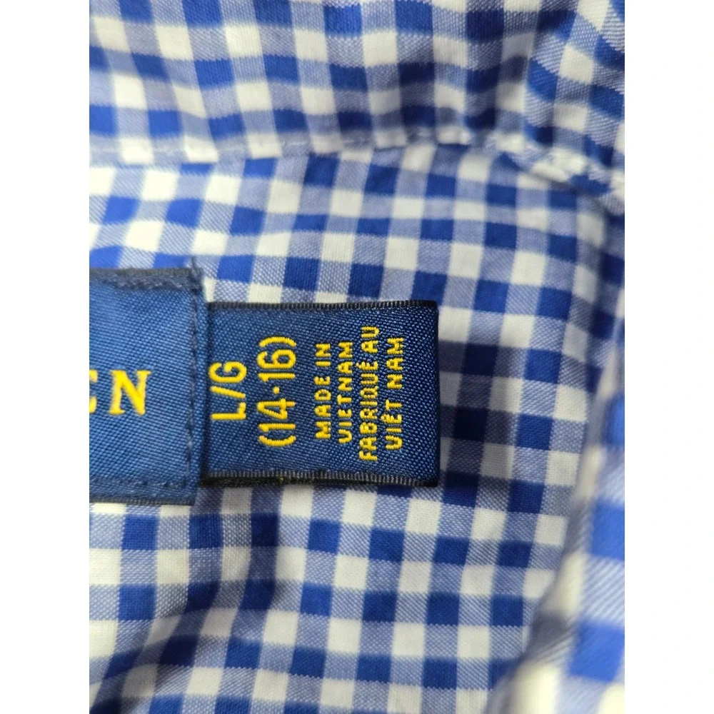 Ralph Lauren Boys Blue White Gingham Button Down Shirt Natural Stretch L 14-16